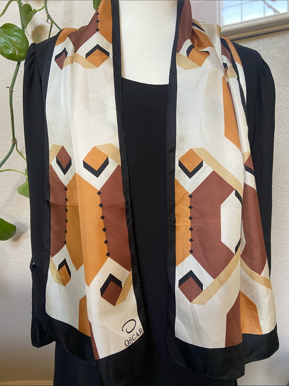 Oscar de la Renta Geometric Silk Scarf in Shades of Brown & Cream, Black Border - Picture 2 of 12